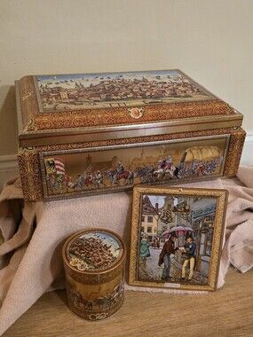 Decorative Vintage-Style Gold & Brown Metal Storage Chest and Tin Set (4 Pieces)